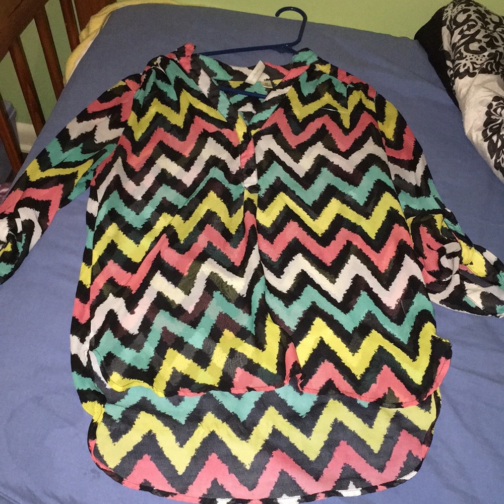 Rainbow chevron 3/4 button down high low shirt